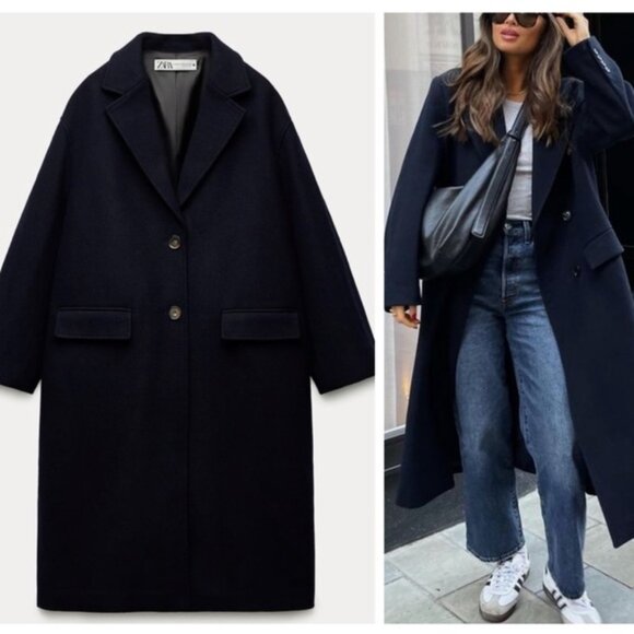 New Zara ZW Collection Oversized Wool Blend Navy Coat XS-S NWT - Picture 6 of 9